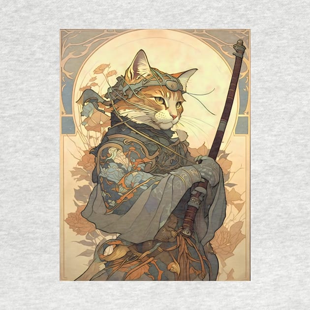 Art Nouveau Traditional Japanese Cat Samurai Knight by entwithanaxe